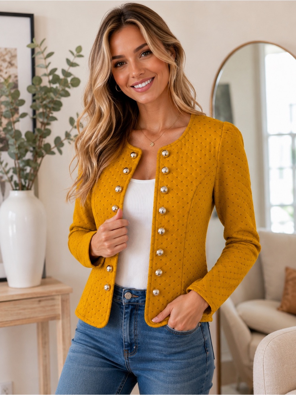 Mustard Quilted Pearl-Button Jacket